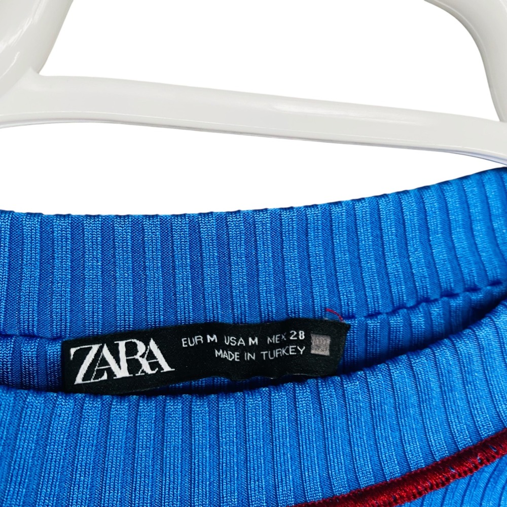 Zara Ribbed Knit Long Sleeve Top Electric Blue Burgundy Trim Flare Cuff M - Picture 6 of 6